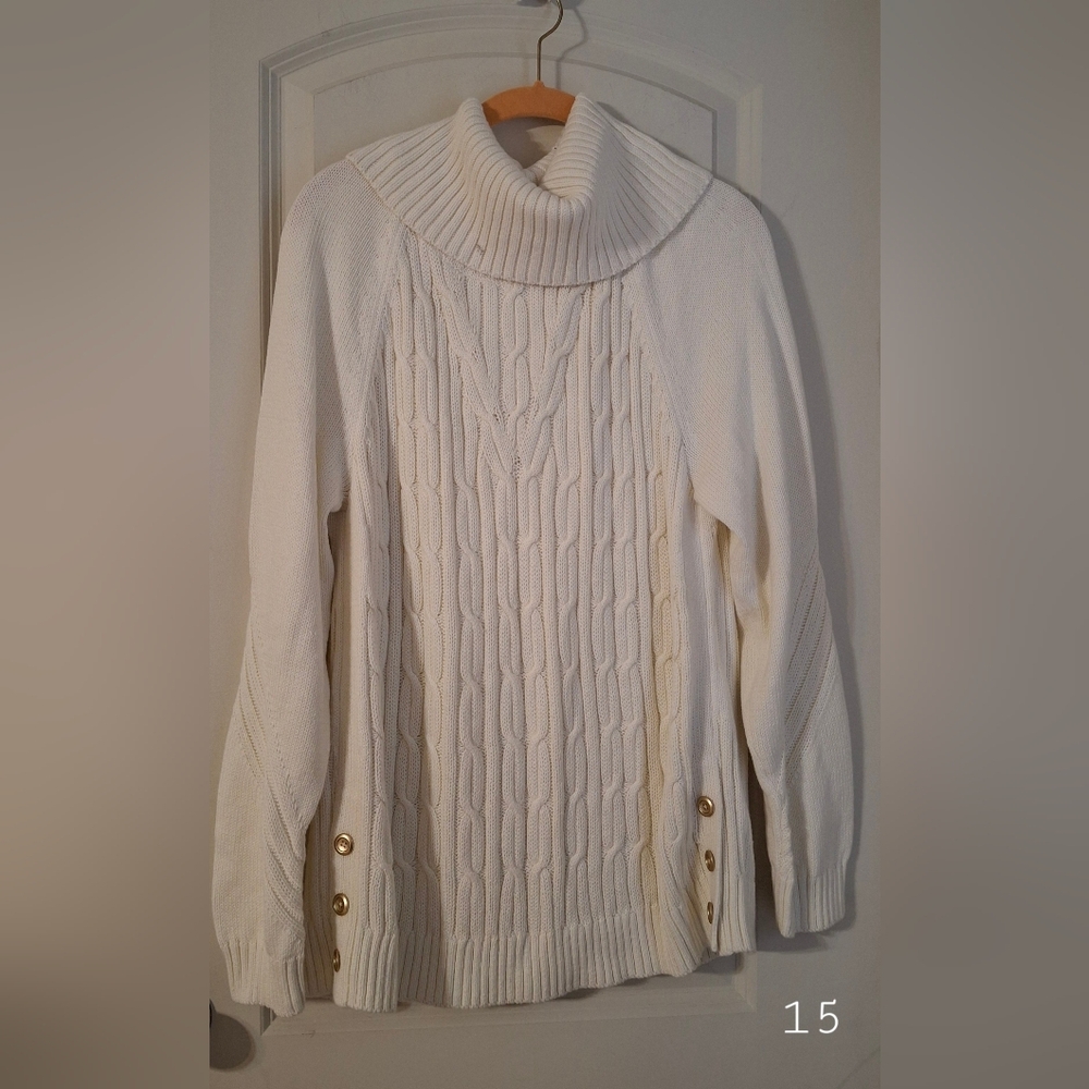 Talbots cable-knit pullover sweater cowl neck golden buttons large boho casual